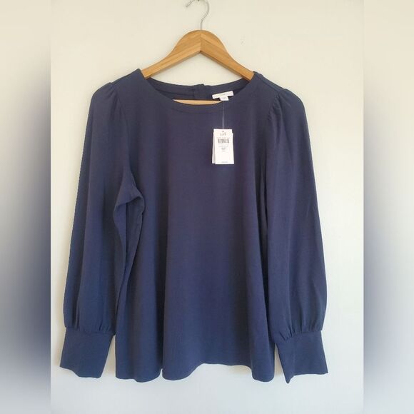 J. Jill Navy Blue Blouse With Long Sleeves And Shell Buttons Size Medium Petite - Picture 2 of 10